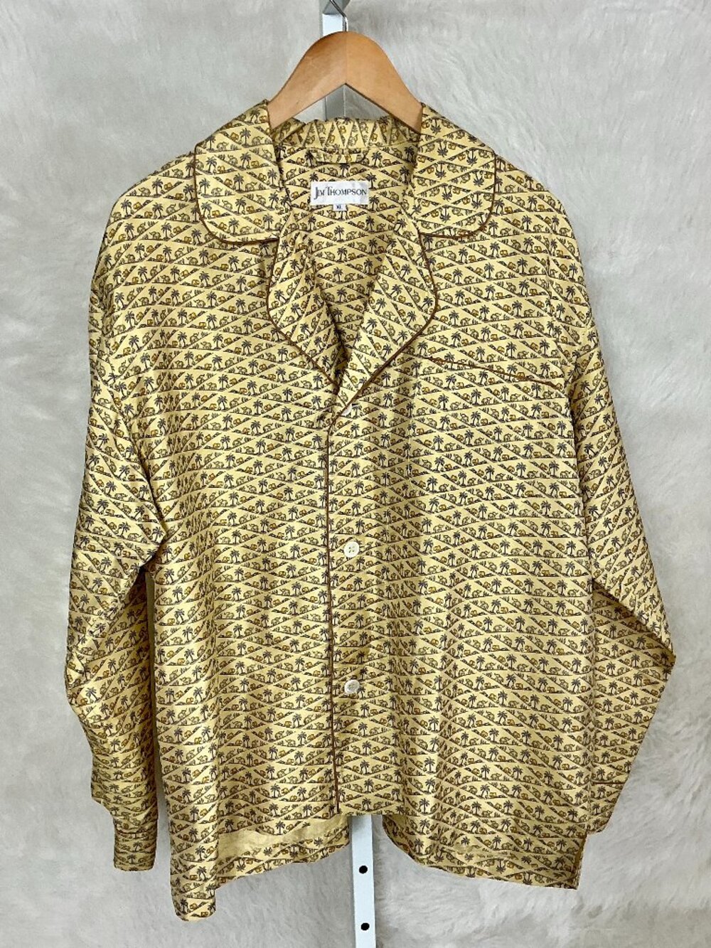 Jim Thompson Vintage Yellow Gray Silk Elephant Palm Tree Print Pajama Top XL